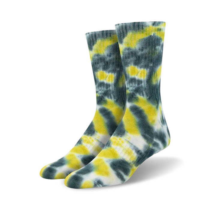 tie-dye athletic crew socks for men in yellow, light gray, and charcoal  