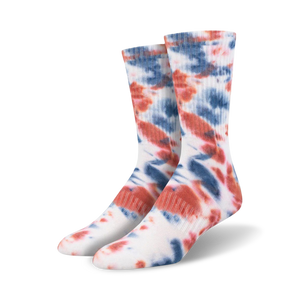 tie-dye crew socks in red, white, and blue for men.  