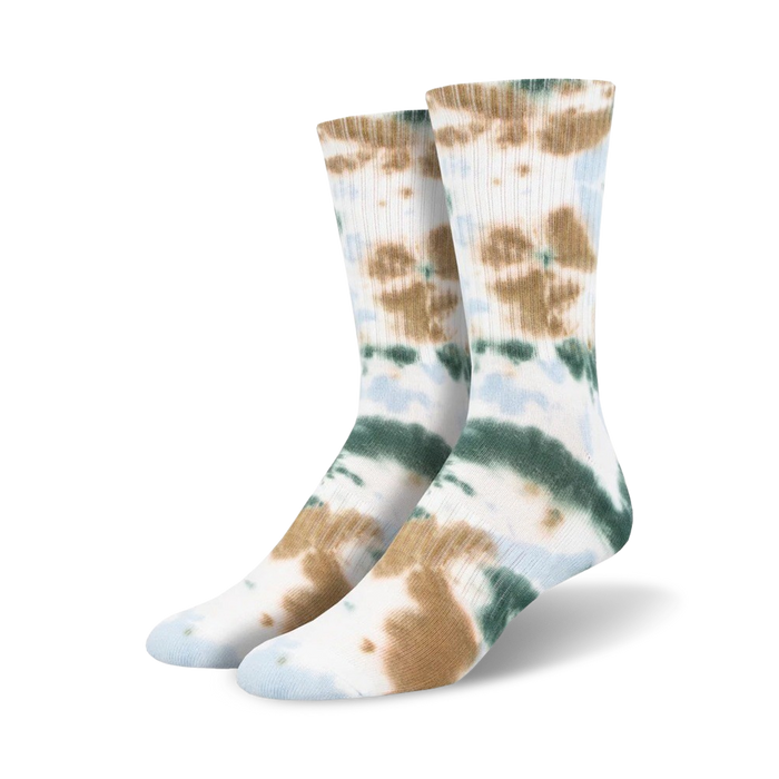 tie dye athletic crew socks for men in shades of brown, green, and white.   