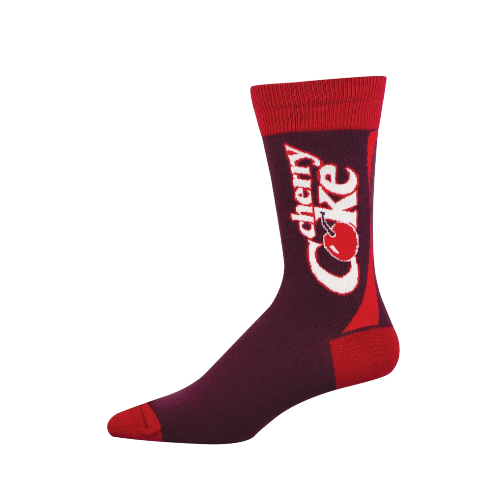 A single crew sock in deep red and bright red, featuring the white Cherry Coke logo with a red cherry graphic.