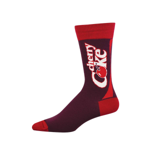 A single crew sock in deep red and bright red, featuring the white Cherry Coke logo with a red cherry graphic.