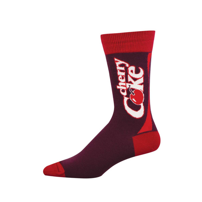 A single crew sock in deep red and bright red, featuring the white Cherry Coke logo with a red cherry graphic. }}