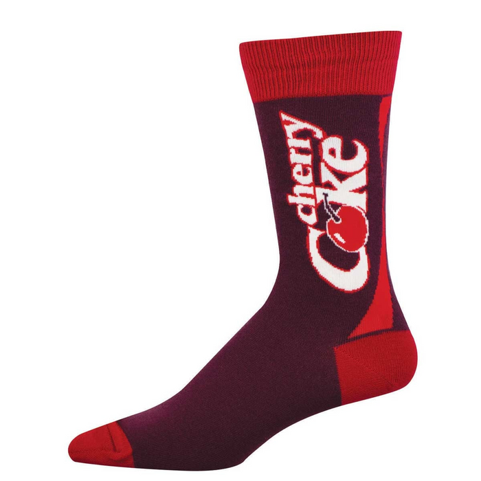 A single crew sock in deep red and bright red, featuring the white Cherry Coke logo with a red cherry graphic. }}