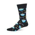 A black crew sock with a repeating pattern of light blue bowls filled with colorful fruity cereal, milk, and silver spoons.
