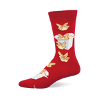 Red crew socks with a pattern of golden-brown crab rangoons and a white Chinese takeout container on the leg.