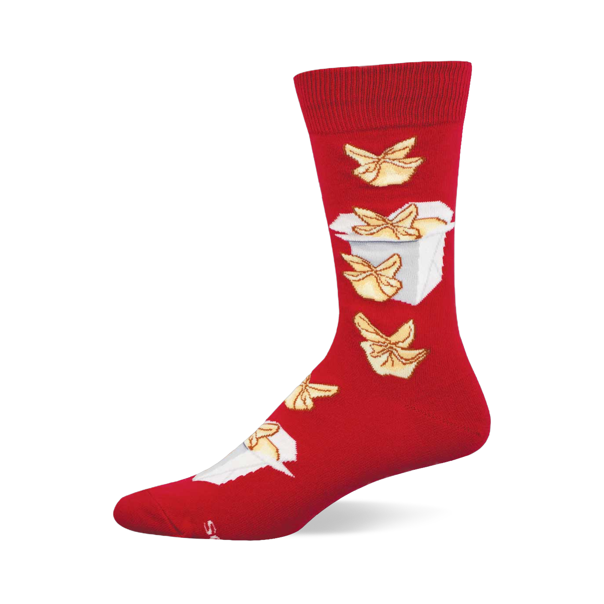 Red crew socks with a pattern of golden-brown crab rangoons and a white Chinese takeout container on the leg.