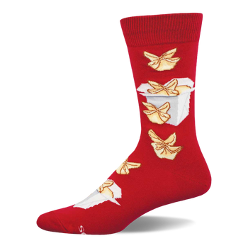 Red crew socks with a pattern of golden-brown crab rangoons and a white Chinese takeout container on the leg.