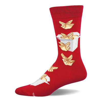 Red crew socks with a pattern of golden-brown crab rangoons and a white Chinese takeout container on the leg.