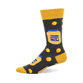 One crew sock, dark grey with yellow cuff, heel, toe. Features jars of 'CHEESE BALLS YUM' and round yellow cheese puffs.