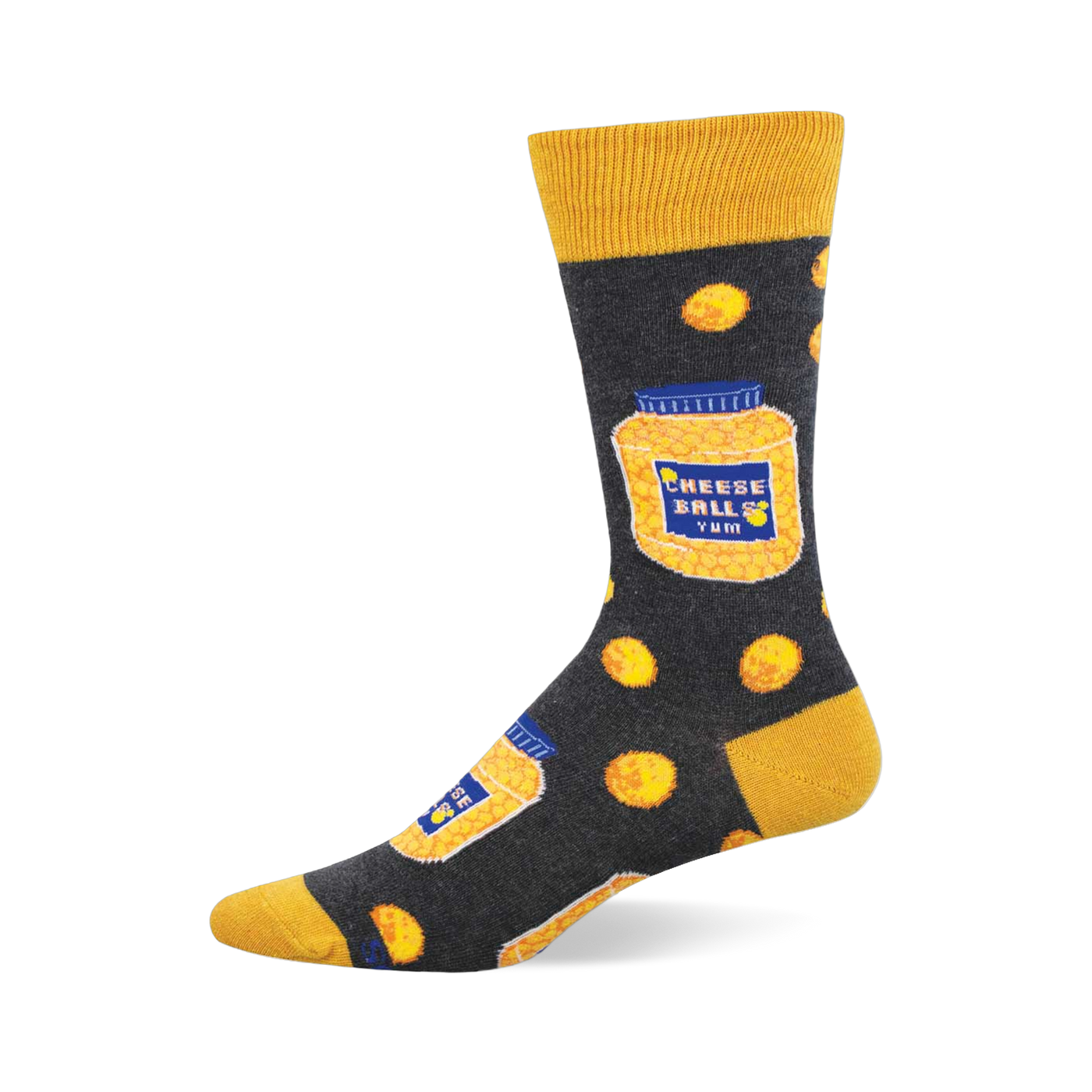 One crew sock, dark grey with yellow cuff, heel, toe. Features jars of 'CHEESE BALLS YUM' and round yellow cheese puffs.