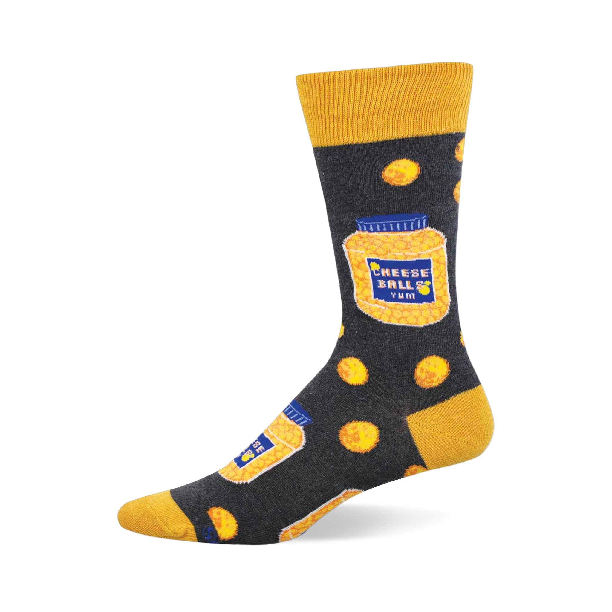 One crew sock, dark grey with yellow cuff, heel, toe. Features jars of 'CHEESE BALLS YUM' and round yellow cheese puffs.