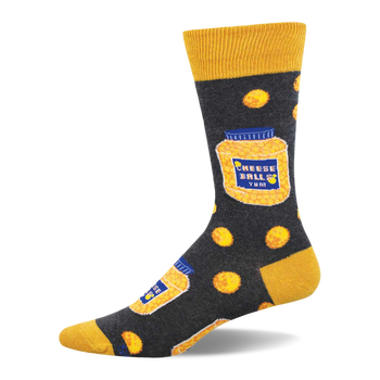 One crew sock, dark grey with yellow cuff, heel, toe. Features jars of 'CHEESE BALLS YUM' and round yellow cheese puffs.