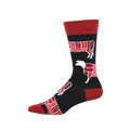 Black crew socks with red cuffs, heel, and toe. Features white outlines of cattle divided into colorful butcher cuts labeled 'YUM' and 'DELISH.'