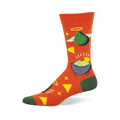 Bright orange crew socks with green avocados, white wings, yellow halos, guacamole bowls, and tortilla chips. Green toe/heel.