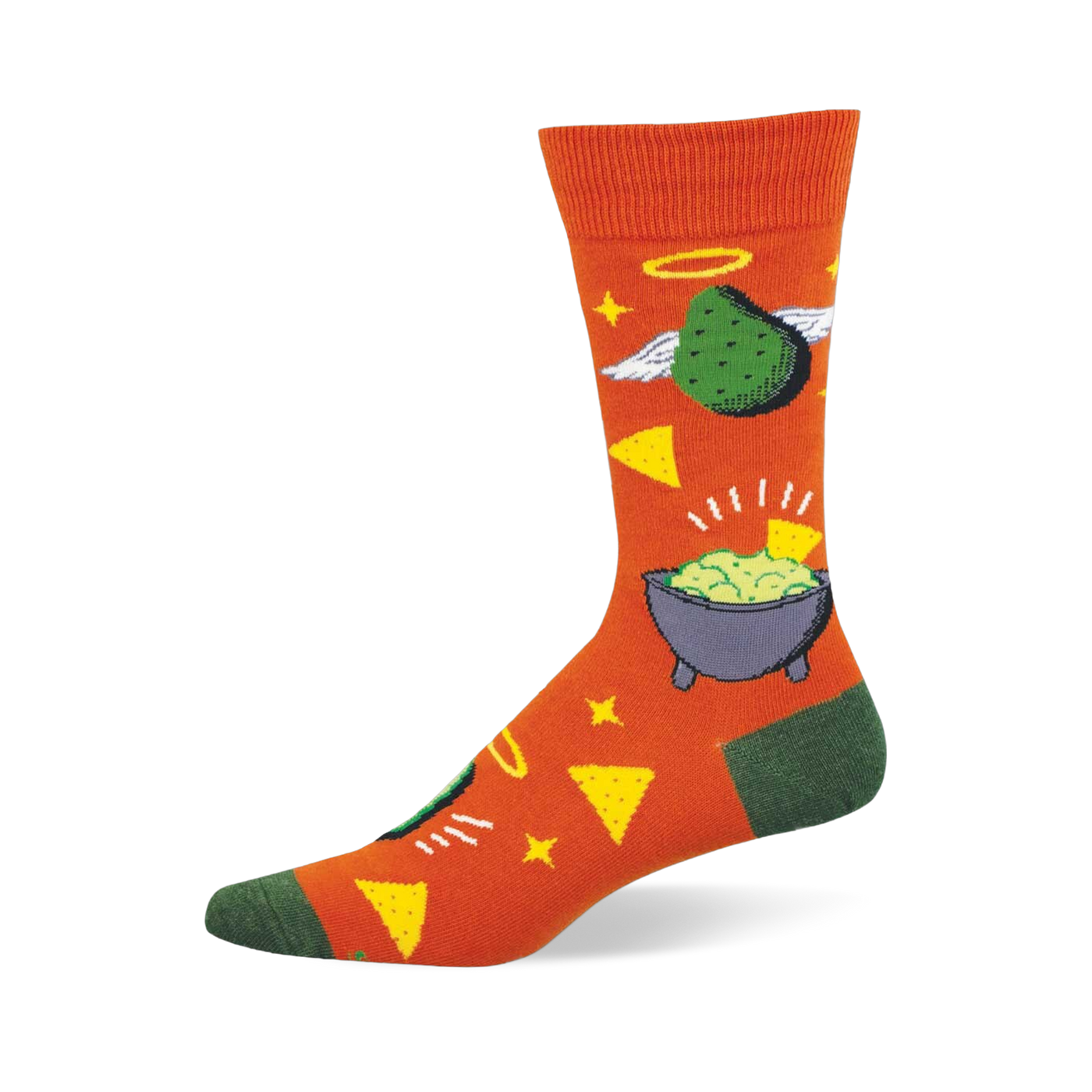 Bright orange crew socks with green avocados, white wings, yellow halos, guacamole bowls, and tortilla chips. Green toe/heel.