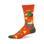 Bright orange crew socks with green avocados, white wings, yellow halos, guacamole bowls, and tortilla chips. Green toe/heel.