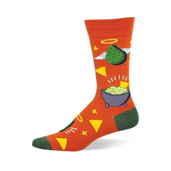 Bright orange crew socks with green avocados, white wings, yellow halos, guacamole bowls, and tortilla chips. Green toe/heel.