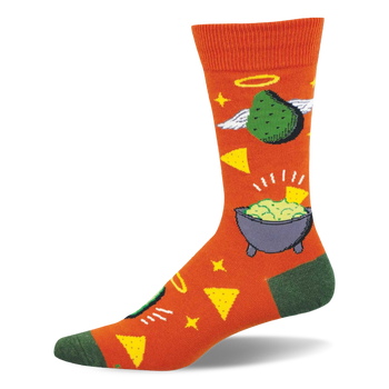 Bright orange crew socks with green avocados, white wings, yellow halos, guacamole bowls, and tortilla chips. Green toe/heel.