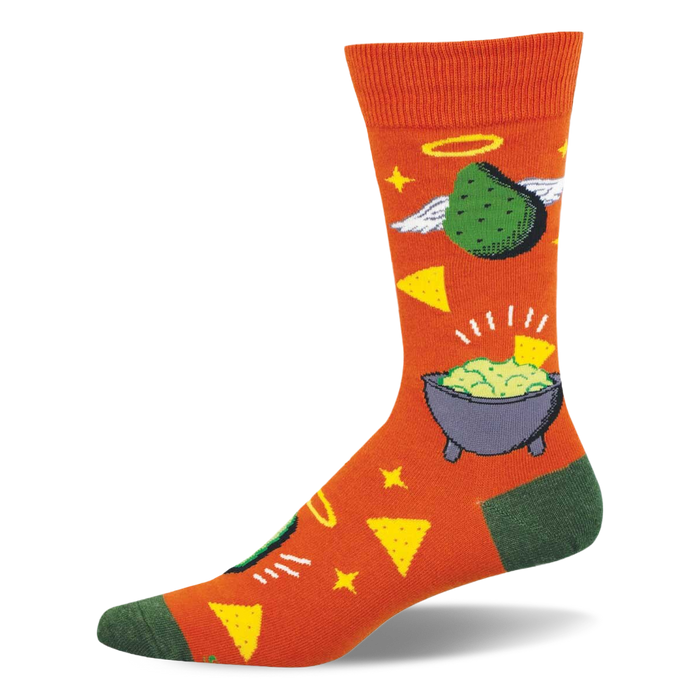 Bright orange crew socks with green avocados, white wings, yellow halos, guacamole bowls, and tortilla chips. Green toe/heel. }}