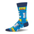 Bright blue crew sock with dark blue cuff, heel, toe. Features moka pots, espresso cups, coffee beans, and "Café Espresso" signs.