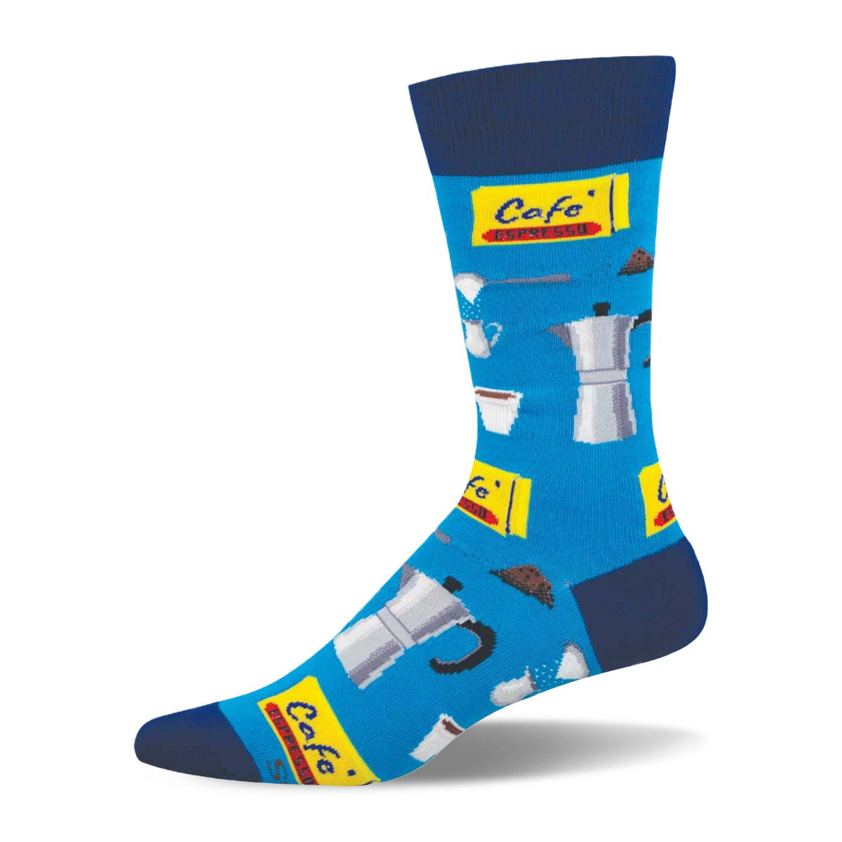 Bright blue crew sock with dark blue cuff, heel, toe. Features moka pots, espresso cups, coffee beans, and "Café Espresso" signs.