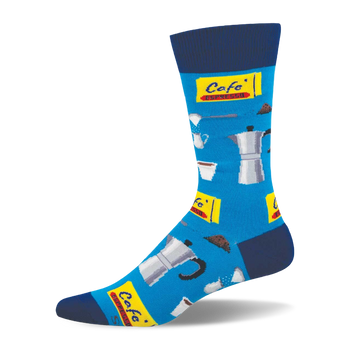 Bright blue crew sock with dark blue cuff, heel, toe. Features moka pots, espresso cups, coffee beans, and "Café Espresso" signs.