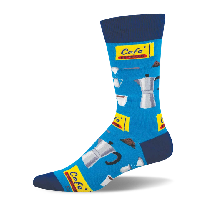 Bright blue crew sock with dark blue cuff, heel, toe. Features moka pots, espresso cups, coffee beans, and 
