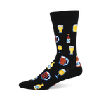A black crew sock featuring a repeating pattern of beer glasses, mugs, and bottles in yellow, brown, and blue with light outlines.