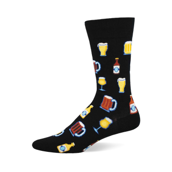 A black crew sock featuring a repeating pattern of beer glasses, mugs, and bottles in yellow, brown, and blue with light outlines.