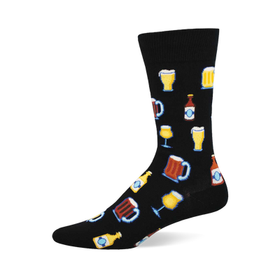 A black crew sock featuring a repeating pattern of beer glasses, mugs, and bottles in yellow, brown, and blue with light outlines.