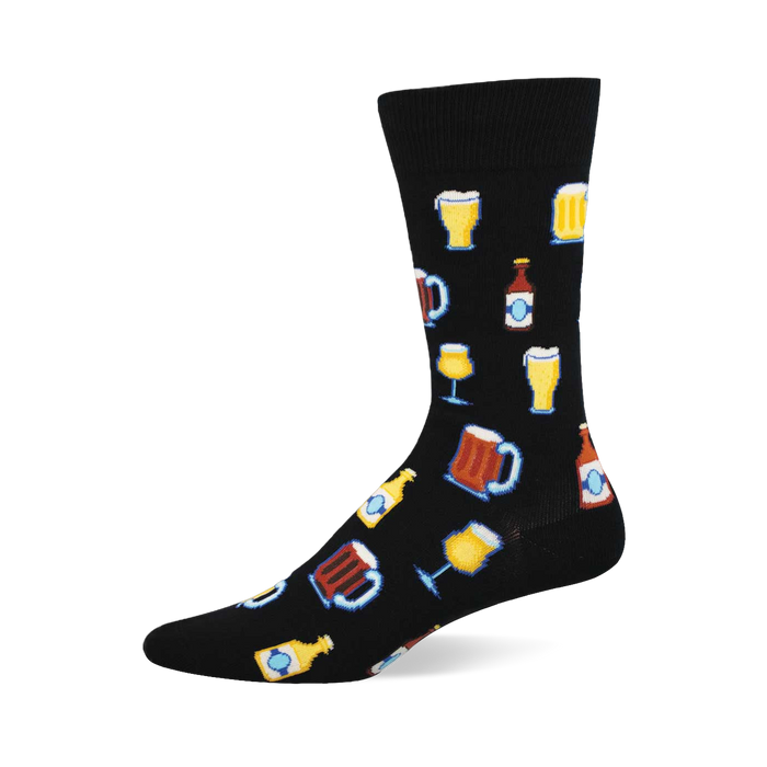 A black crew sock featuring a repeating pattern of beer glasses, mugs, and bottles in yellow, brown, and blue with light outlines. }}