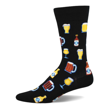 A black crew sock featuring a repeating pattern of beer glasses, mugs, and bottles in yellow, brown, and blue with light outlines.