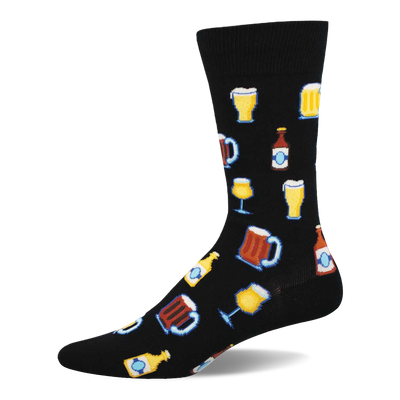 A black crew sock featuring a repeating pattern of beer glasses, mugs, and bottles in yellow, brown, and blue with light outlines.