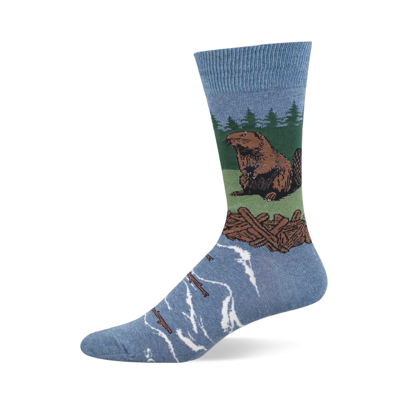 Light blue crew sock with a brown beaver sitting on green land, a brown log dam, green pine trees, and blue water with floating logs.