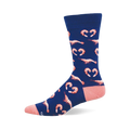 A single navy blue crew sock with a pattern of pink cooked shrimp, some forming heart shapes. Has a pink heel and toe.