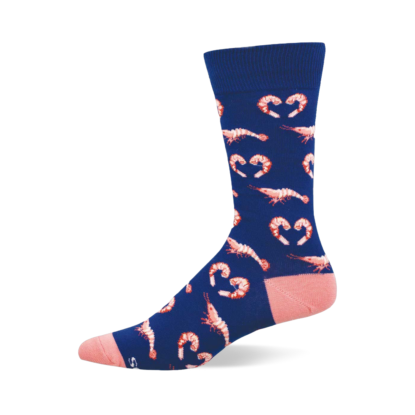 A single navy blue crew sock with a pattern of pink cooked shrimp, some forming heart shapes. Has a pink heel and toe.