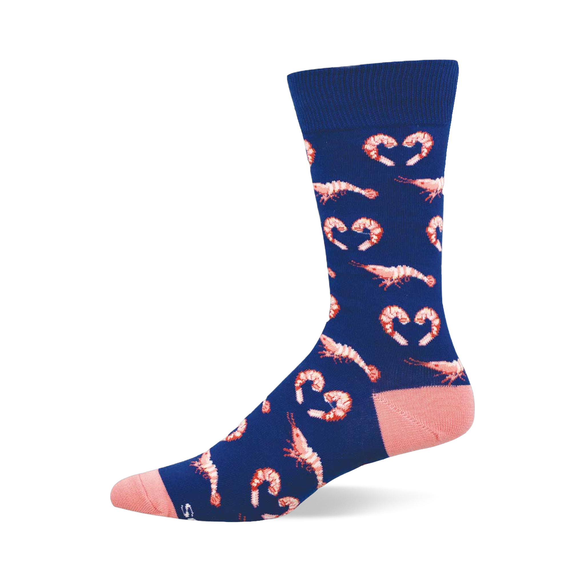A single navy blue crew sock with a pattern of pink cooked shrimp, some forming heart shapes. Has a pink heel and toe.