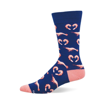 A single navy blue crew sock with a pattern of pink cooked shrimp, some forming heart shapes. Has a pink heel and toe.