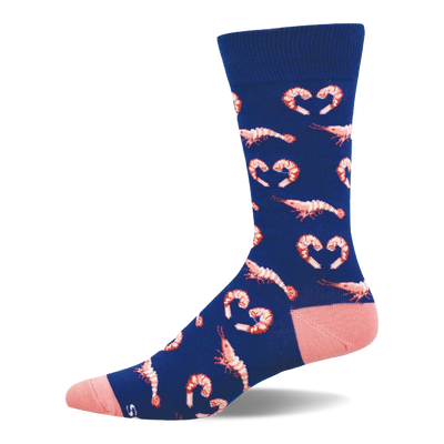 A single navy blue crew sock with a pattern of pink cooked shrimp, some forming heart shapes. Has a pink heel and toe.