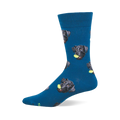One dark blue crew sock with a repeating pattern of black labrador retriever heads, each holding a yellow tennis ball.