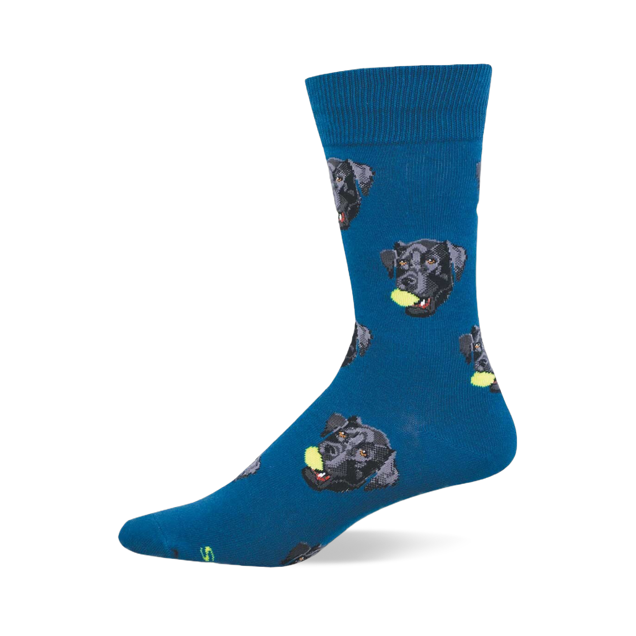 One dark blue crew sock with a repeating pattern of black labrador retriever heads, each holding a yellow tennis ball.