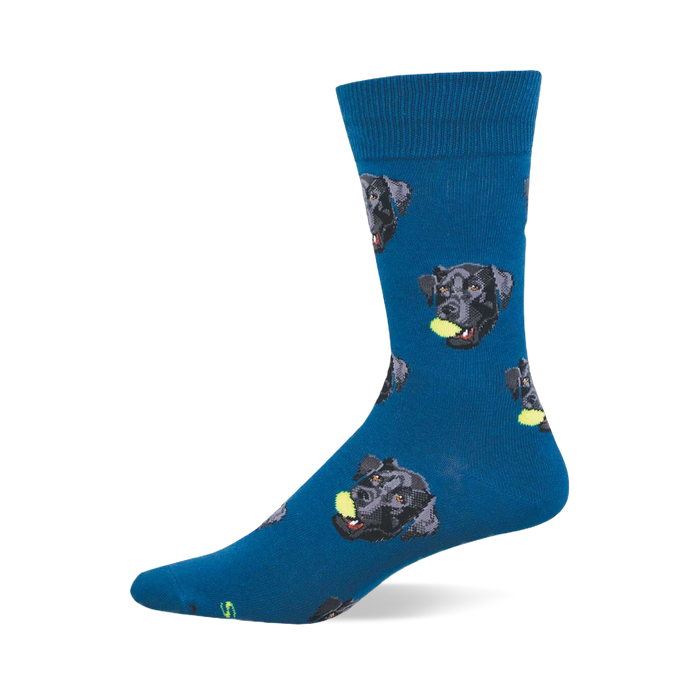One dark blue crew sock with a repeating pattern of black labrador retriever heads, each holding a yellow tennis ball. }}