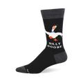 One black crew sock with a white goose wearing a blue bandana and colorful hat, plus 'Silly Goose' text. Dark gray cuff, heel, toe.