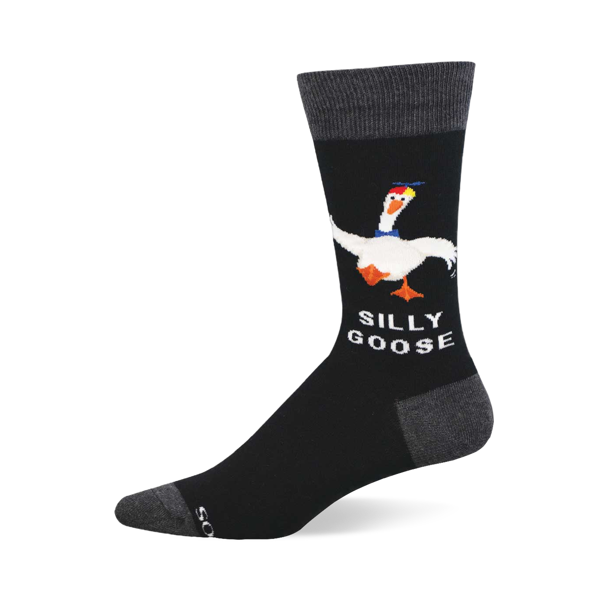One black crew sock with a white goose wearing a blue bandana and colorful hat, plus 'Silly Goose' text. Dark gray cuff, heel, toe.
