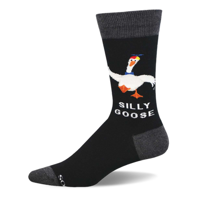 One black crew sock with a white goose wearing a blue bandana and colorful hat, plus 'Silly Goose' text. Dark gray cuff, heel, toe.