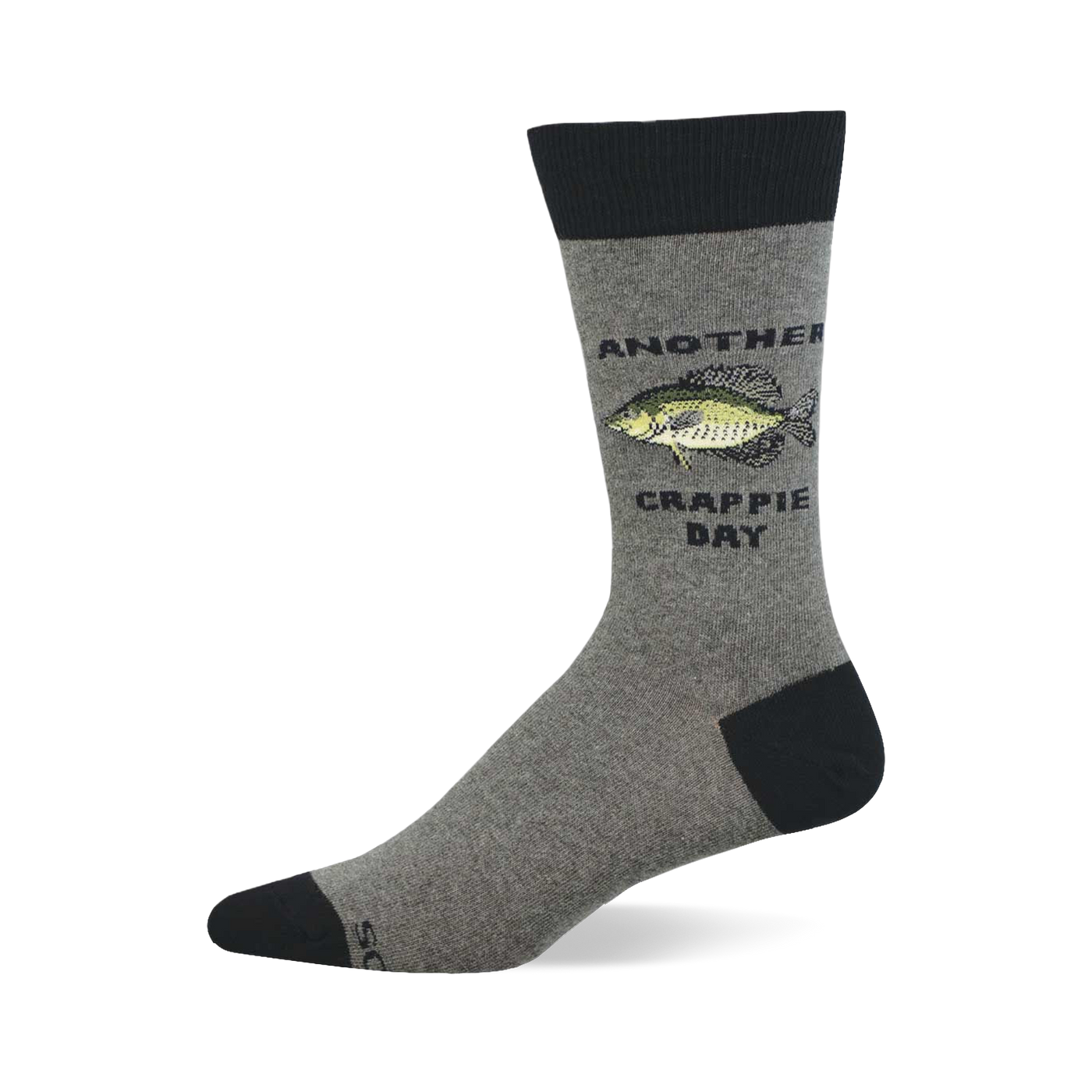 Single heather grey crew sock with black cuff, heel, and toe, featuring a green and yellow crappie fish and "Another Crappie Day" text.