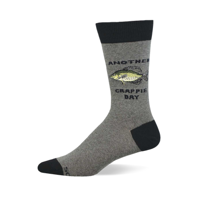 Single heather grey crew sock with black cuff, heel, and toe, featuring a green and yellow crappie fish and "Another Crappie Day" text.