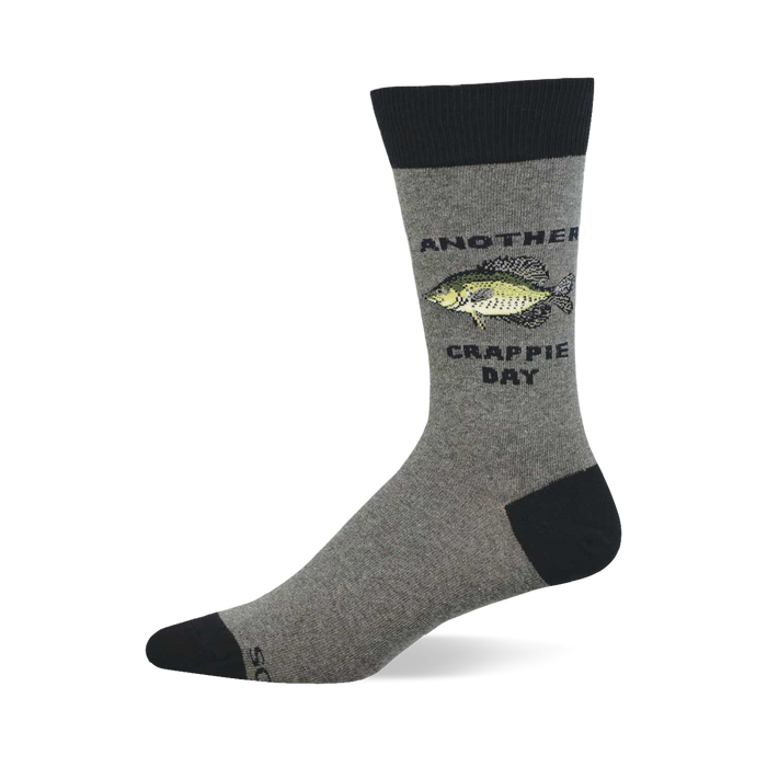 Single heather grey crew sock with black cuff, heel, and toe, featuring a green and yellow crappie fish and 