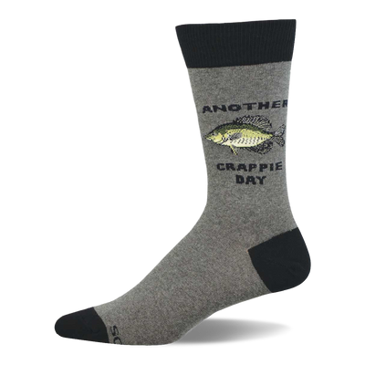 Single heather grey crew sock with black cuff, heel, and toe, featuring a green and yellow crappie fish and "Another Crappie Day" text.