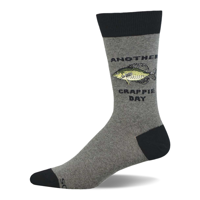 Single heather grey crew sock with black cuff, heel, and toe, featuring a green and yellow crappie fish and 